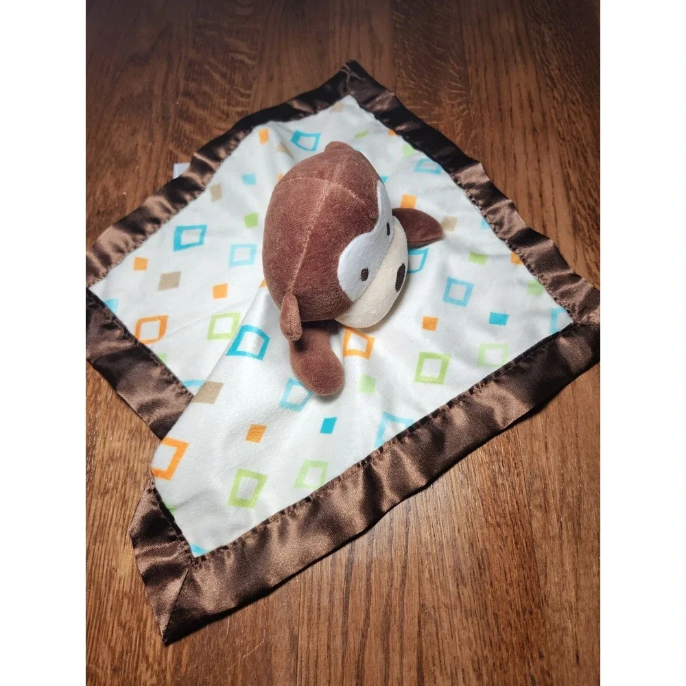 Garanimals Monkey Diamond Print Baby Blanket Cream Brown Orange Aqua Satin Lovey